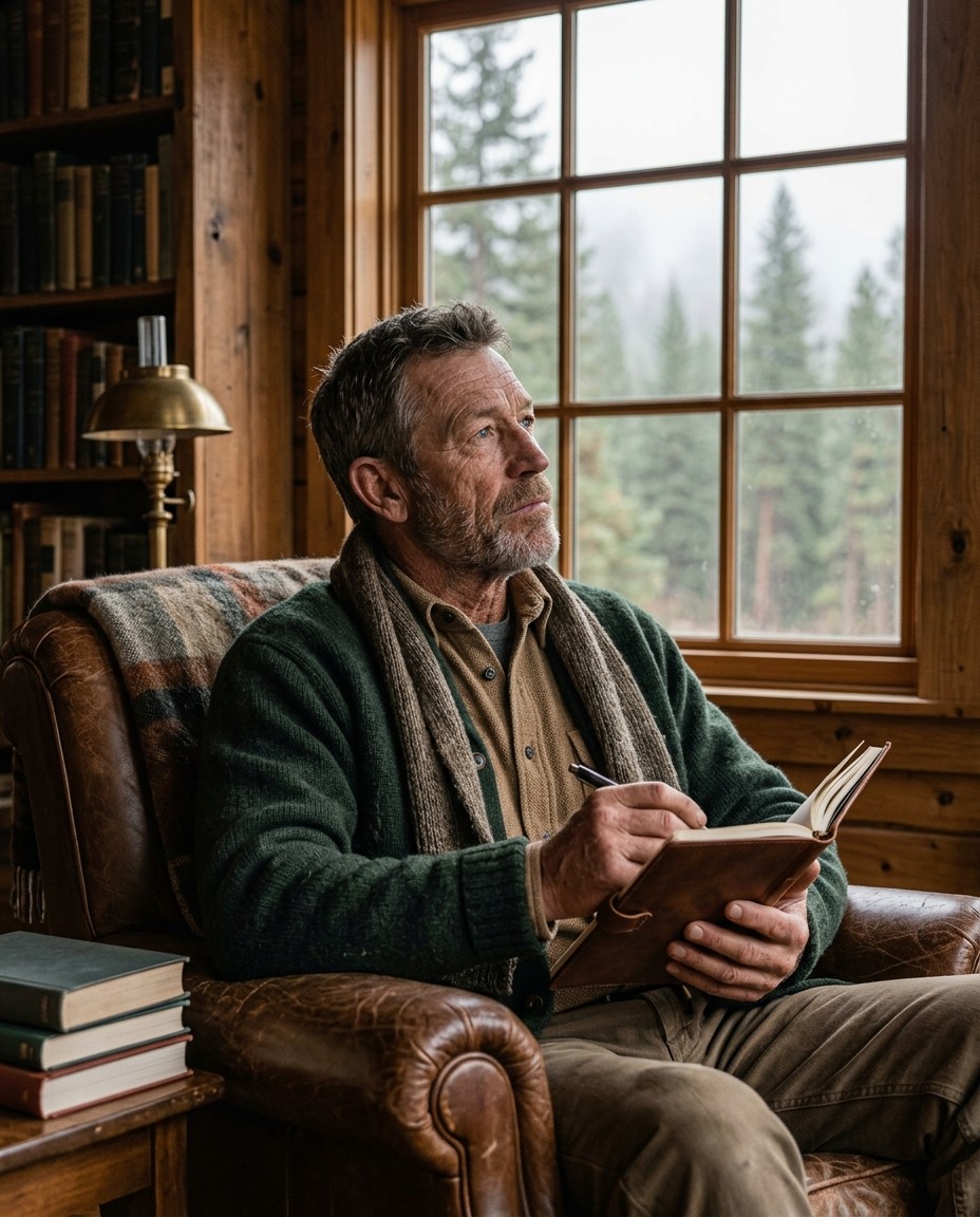 Curt Bellamy writing field notes in a cabin by the window