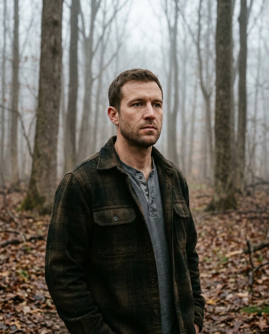 Nathan Kestler in a foggy Pennsylvania hardwood forest